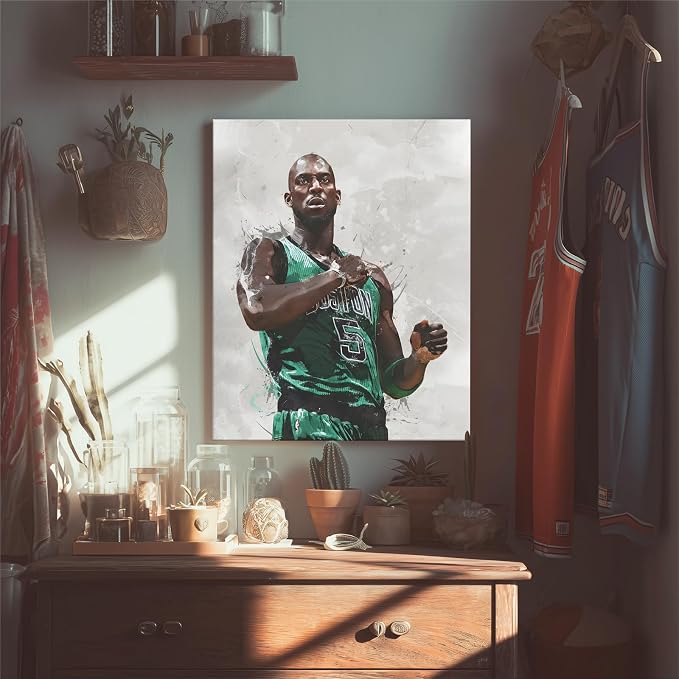 Kevin Garnett Basketball Canvas Wall Art, Sports Player Poster, 24x30 Inch | Abstract splash ink athletic artwork, motivational sports wall decor for teen boys room, bedroom, living room, gym or office
