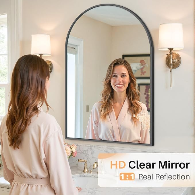 Bathroom Mirror for Wall, 38x26 Inch Arched Mirror, Matte Black Metal Framed Bathroom Vanity Mirrors for Restroom Farmhouse, Anti-Rust, Tempered Glass, Hanging or Leaning