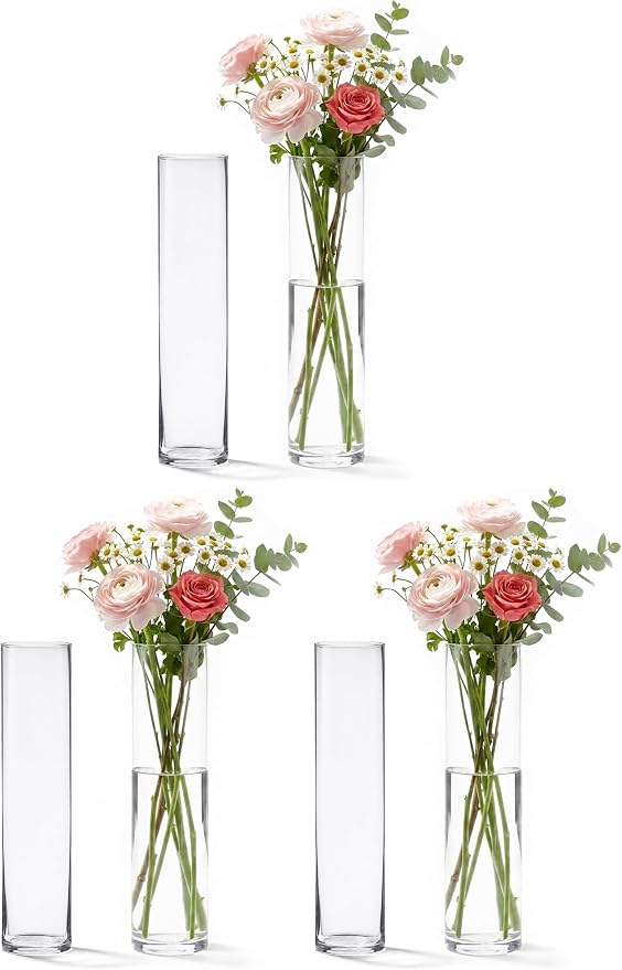 16" Tall Cylinder Glass Vase, 3.5" Wide - Clear Glass Vase for Centerpiece, Floor Vase, Flowers, Candle Holder, Wedding Table Decor by 4E's Novelty (Pack of 3)