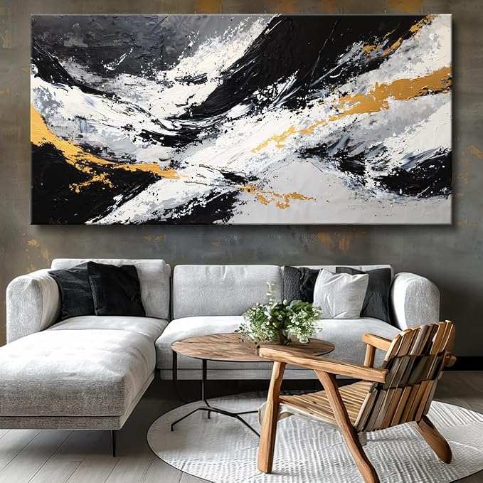 Large Abstract Black and Gold Ink Splatter Wall Art Stylish Framed Canvas Print for Living Room, Bedroom, Dining Room, and Home Office Modern Ready to Hang Home Decor - 20"x40"
