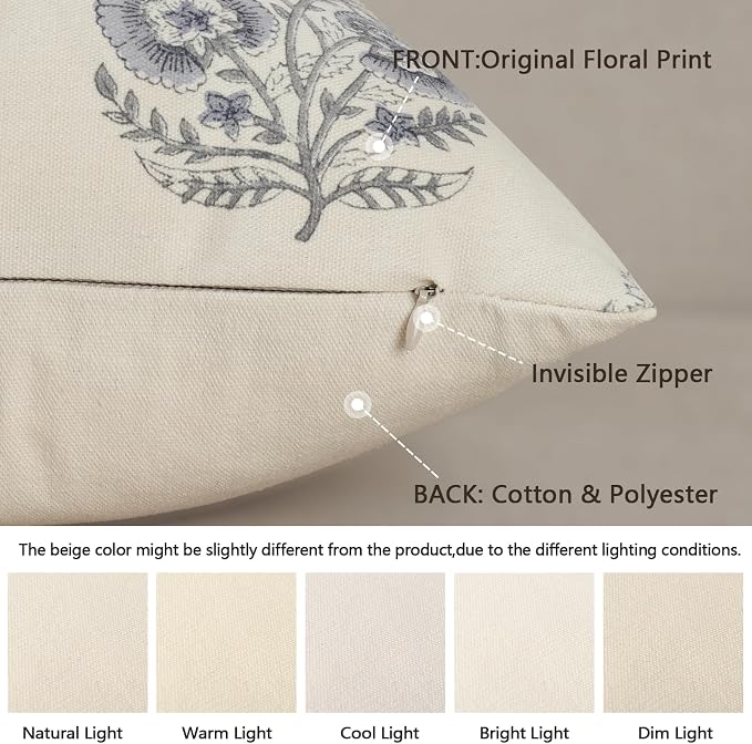 YCOLL Vintage Floral Print Pillow Covers 16x16 Set of 2 Patterned Accent Decorative Cushion Covers Modern Farmhouse Throw Pillow Covers for Sofa Couch Chair Bed Living Room Home Decor, Dusty Blue