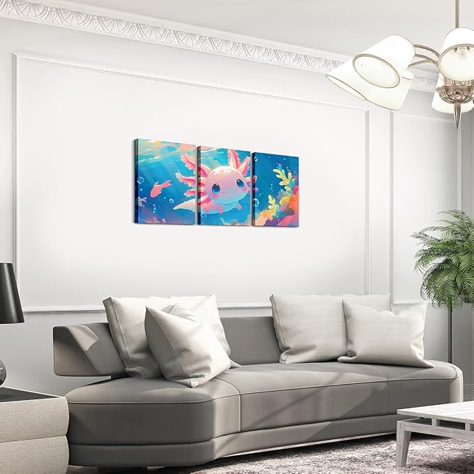 Feelyou Cute Axolotl Canvas Wall Art Kids Bedroom Wall Decor For Living Room Office Wall Decor Ocean Sealife Painting Framed Wall Pictures 3 Piece Ready To Hang for Bathroom Home Decor