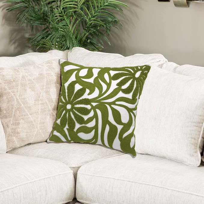 Alysheer Floral Embroidered Throw Pillow Cover 18"x18" 1pc, Olive Green