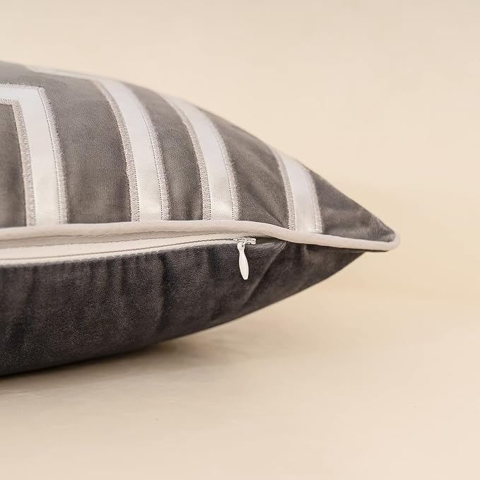 Alerfa Geometric Gold Leather Striped Throw Pillow Cover 12x20 Inch, Luxury Velvet Embroidered Decorative Lumbar Pillow Cover for Couch Living Room Bedroom, Gray