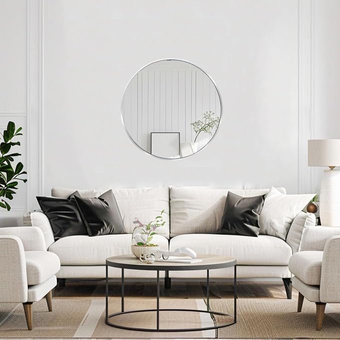 Silver Circle Mirror 22 inch, Round Mirror, Brushed Nickel, Chrome | Metal Frame, Circular Wall Mirrors for Bathroom, Bedroom, Entryway, Living Room, Hallway, Over Sink, Wall Decor,Vanity,Mantel
