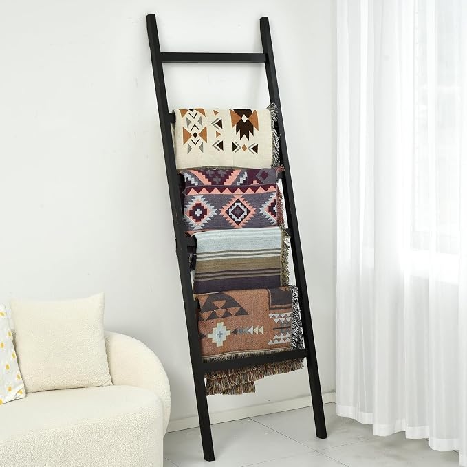 FUIN Blanket Ladder, 24in Wide Rustic Solid Wood Decor Rack, Black | 6.4 ft high and 6 rungs, farmhouse quilt display holder, organize towel and scarf, leaning wall, bathroom and living room use
