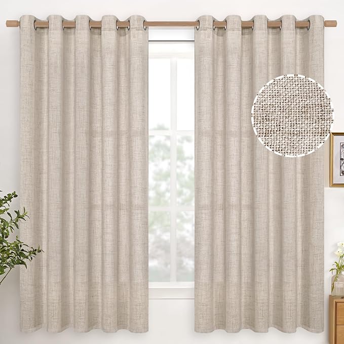 YoungsTex Natural Linen Curtains 63 Inch Length 2 Panel Linen Textured Curtains with Bronze Grommet Light Filtering Window Drapes for Living Room, 60 X 63 Inch
