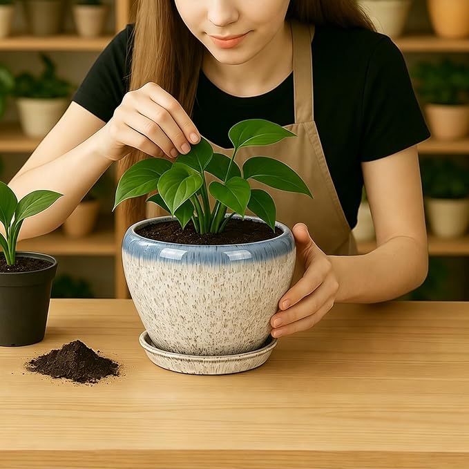 Deep Dream 8 Inch Plant Pots- Ceramic Pots for Plants with Drainage Hole and Saucer, Large Planter Pot for Indoor Plants Outdoor Decor, Beige&Blue