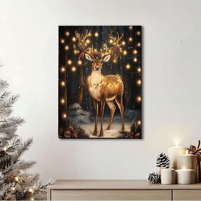 Christmas Reindeer Wall Art Framed 8x12, Cottage Winter Forest Wildlife Deer Picture Wall Decor, Rustic Xmas Cozy Winter Hanging Canvas Prints for Home Bedroom Living Room Decoration
