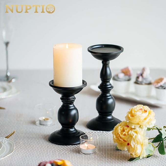 NUPTIO Black Candle Holder for Pillars: Rustic Metal Candle Stands Set