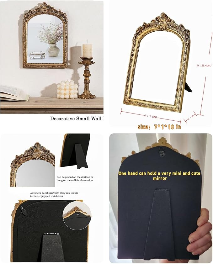 HSDDHOME Small Gold Vintage Vanity Desk Makeup Mirror Antique Decorative Wall Mirror,Resin Carved Arch Table Mirror with Stand for Living Room,Bedroom Dresser,Desktop Decor 10.2" x 7" ﻿