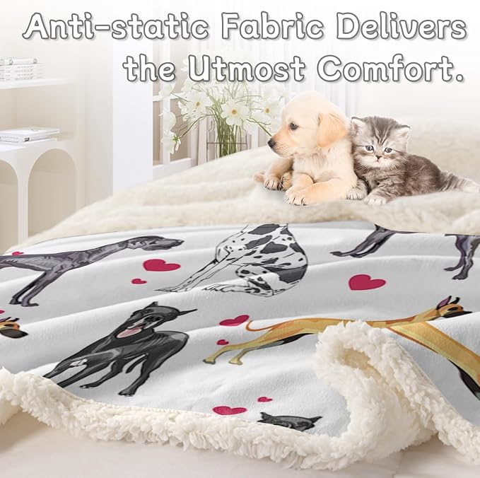 BlessLiving Great Dane Dog Blanket Red Blanket Queen Heart | Sherpa; BlessLiving Great Dane Dog Blanket Red; Heart; Puppy; Print; Fleece; Throw; Funny; Portrait; Plush; Blankets
