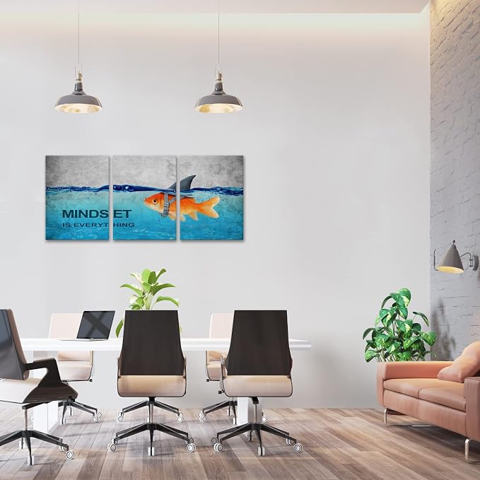 KAWAHONE 3 Panels Modern Framed Inspirational Quote Canvas Wall Art-Mindset is Everything Goldfish Strong Shark Motivational Posters Framed, Bathroom Bedroom Office Decor Framed Ready to Hang
