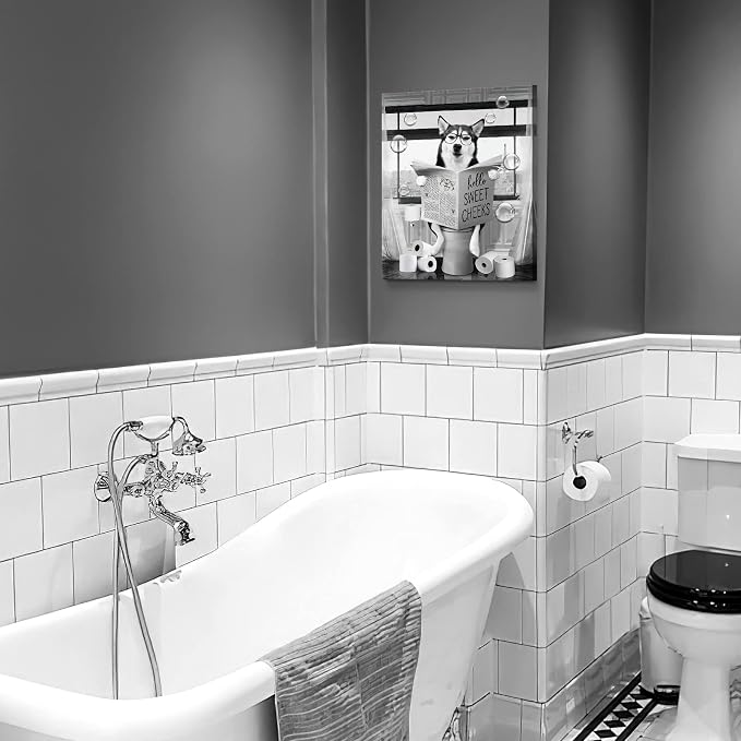 Funny Husky Dog Wall Art - Black and White Bathroom Print Farmhouse Animals Decor - Dog Sitting in Toilet Reading Newspaper Painting Framed Artwork 12x16 inch