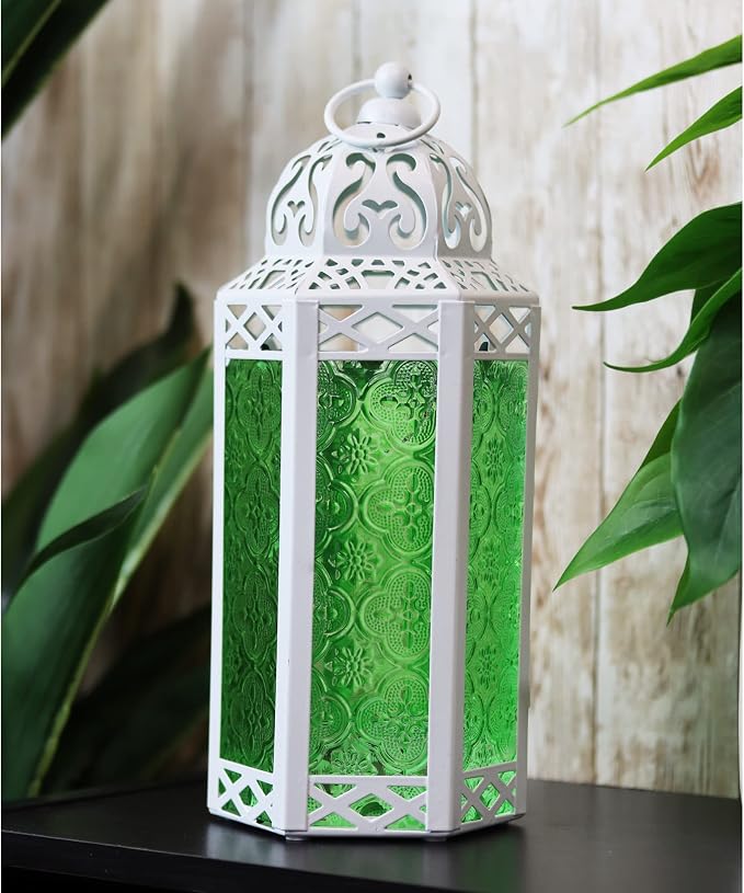 VELA LANTERNS 10.5" White Moroccan Lamp Lantern Decorative Candle Holder for Ramadan Decorations, Indoor Home Decor, Outdoor Patio or Porch, Weddings, Green Glass, Medium