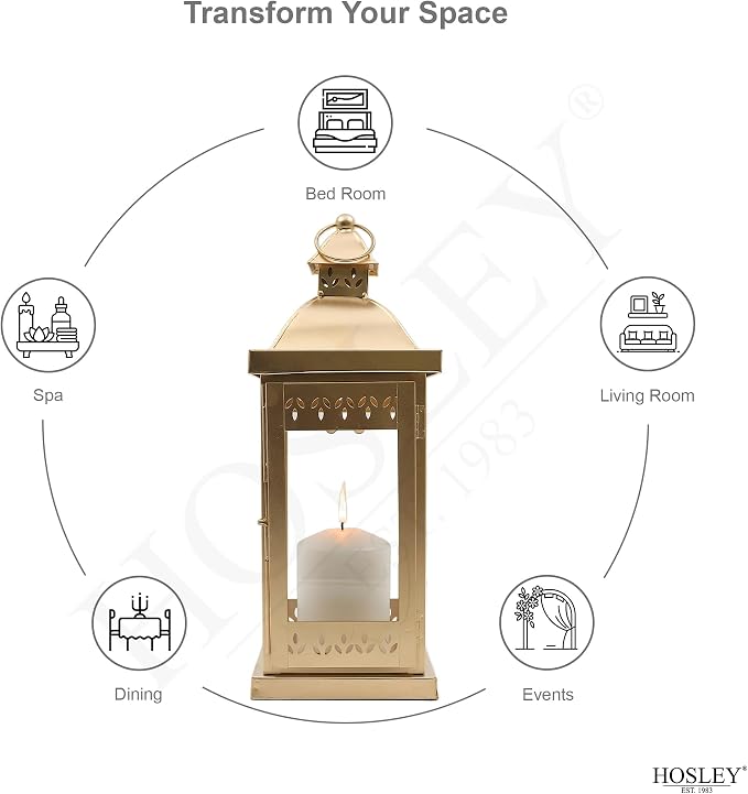 Hosley 15 Inch High Large Clear Glass Iron Classic Style Lantern Gold. Ideal Gift for Parties Weddings Aromatherapy and LED Spa Settings 05