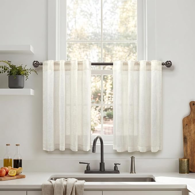 Pitalk 24 Inch Cafe Linen Curtains for Kitchen Window Boho Rustic Semi Sheer Light Filtering Short Curtain Back Tab Rod Pocket Neutral Drapes for Bathroom Basement Cabinet 2 Panel 34 x 24 Length Cream