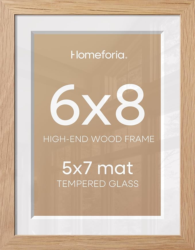 Homeforia 6x8 Natural Oak Picture Frame, High-End Wood, 5x7 Mat, Glass