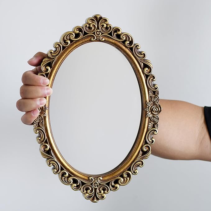 OIGUMR Oval Smallest Wall Mirror Resin Frame Size：12 x 8.3 inch Mirror Vintage Hanging Mirrors for Bedroom Living-Room Dresser Decor Gold | Vintage Hanging Mirrors for Bedroom Living-Room Dresser Decor