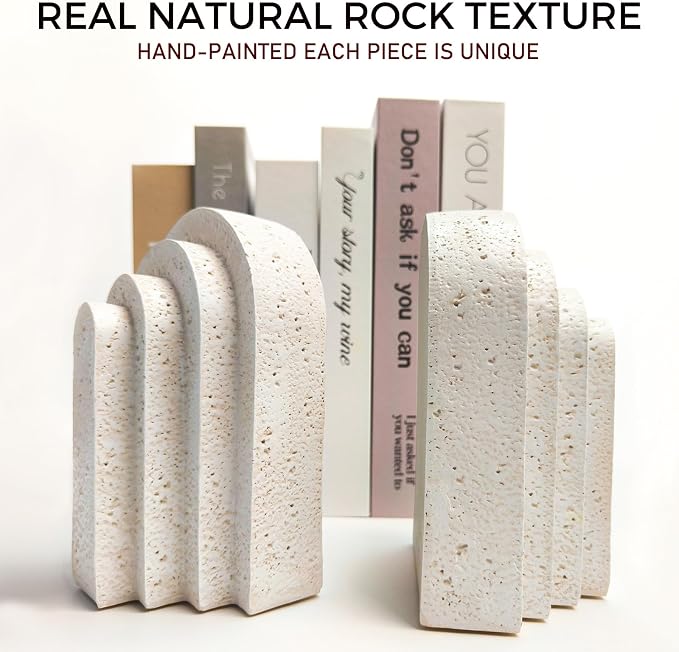 Heavy Duty Book Ends for Shelves, Decorative Book Stopper for Shelves, Resin Decor Bookends for Heavy Books, Modern Home Decor Aesthetic Bookend Aesthetically Pleasing Layered Arch Design, Set of 2