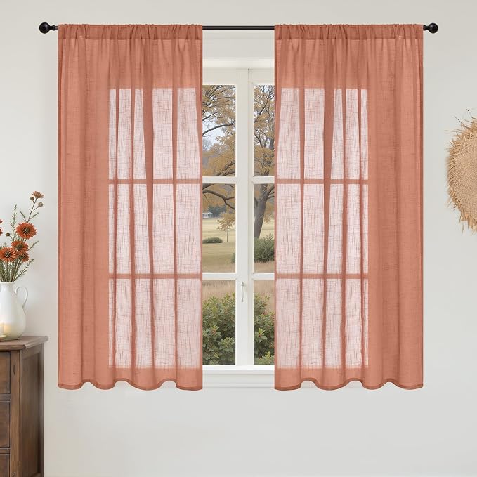 BGment Terracotta Linen Curtains 48 Inch Length, Burnt Orange Light Filtering Drapes Semi Sheer with Rod Pocket Rustic for Living Room Bedroom Lightweight, 2 Panels Set, Each 42 Inch Wide