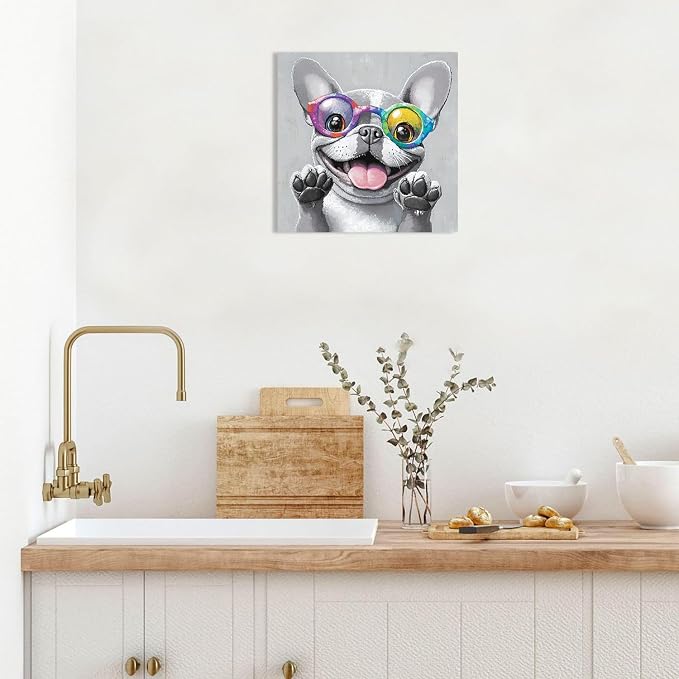 Ypxzzj Cute Dog with Glasses Canvas Wall Art,Funny Bulldog Decor Wall Art Pictures Painting Posters Artworks for Children's room Bedroom Living room Decor Framed Ready to Hang