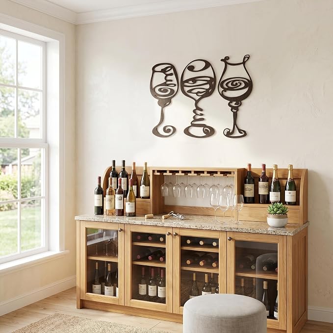 Otoolling 3 Pcs Wine Wall Art Black Metal Wine Sign 3 Style Modern Metal Bar Decor for Wall Drinker Gift for Dining Room and Entertaining Spaces (Abstract)