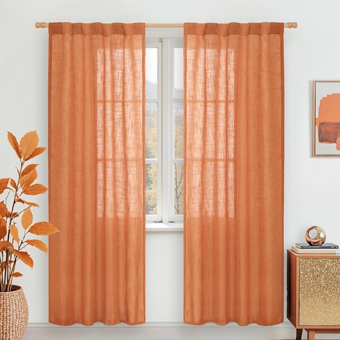 Burnt Orange Linen Boho Curtains 80 inch Length 2 Panels for Bedroom | Semi Sheer, Light Filtering, Rod Pocket Back Tab, Neutral Drapes for Doorway, Living Room, Window Treatment, 34 x 80 Inch