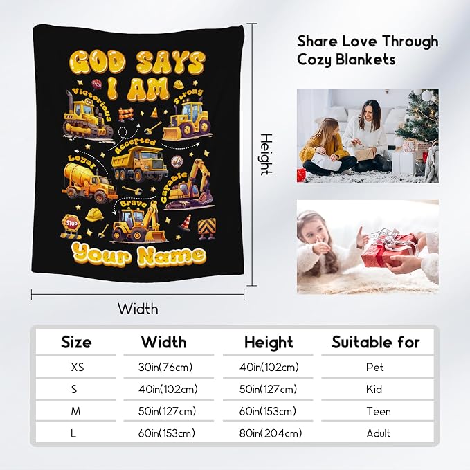 Personalized Truck Throw Blanket for Boys, Car & Bed - 60''x80'', Excavator Theme, Fleece Warm & Cozy