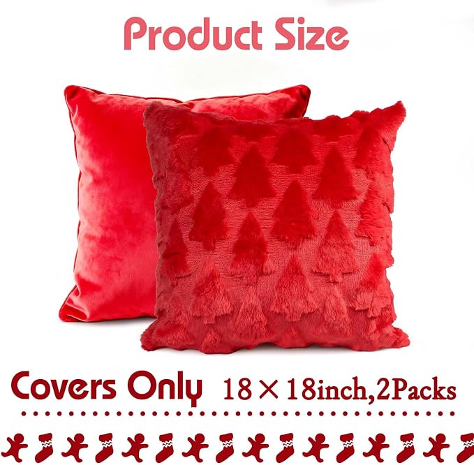 ONFAON Christmas Decorations - Christmas Pillow Covers 18x18 Inch Set of 2 Christmas Tree Decorative Red Soft Plush Faux Fur Throw Pillows Winter Holiday Decor Throw Cushion Case for Home Couch