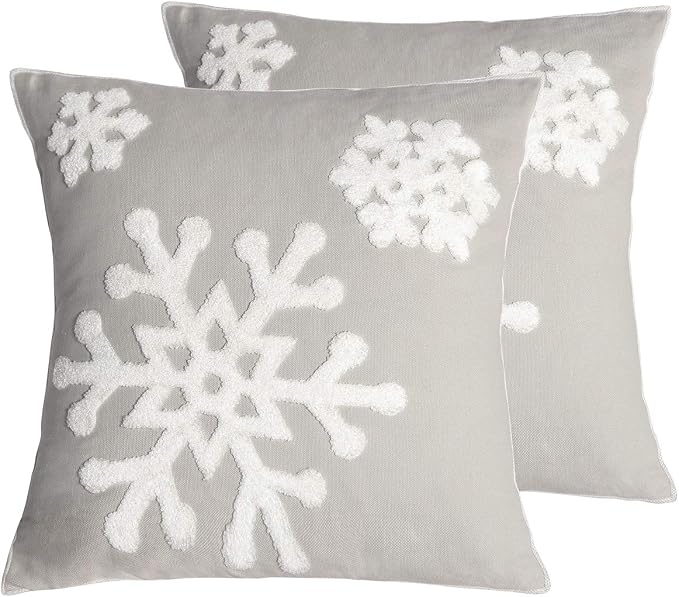 18x18,Cotton Christmas Blessing Throw Pillow Cover for Bed Sofa Cushion Car Snowflake Embroideried Pillowcases,1pair Grey