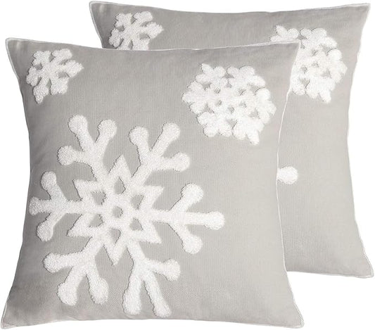 18x18,Cotton Christmas Blessing Throw Pillow Cover for Bed Sofa Cushion Car Snowflake Embroideried Pillowcases,1pair Grey