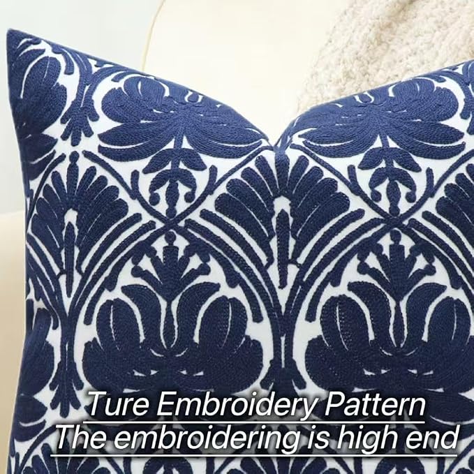 Slow Cow Embroidered Blue Throw Pillow Cover Geometric Decorative Cushion Covers for Sofa 18 x18 Inches