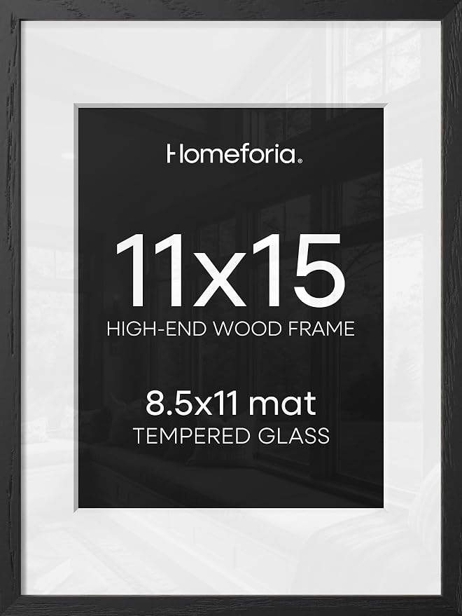 Homeforia 11x15 Black Oak Picture Frame, High-End Wood, 8.5x11 Mat, Glass