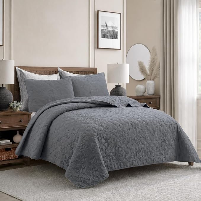 Cozy Line Home Fashions Charcoal Gray Cotton Quilt Set – 3-Piece Solid Textured Quilted Bedspread with Shams, Lightweight All Season Modern Bedding (Geometric - Gray, King - 3 piece)