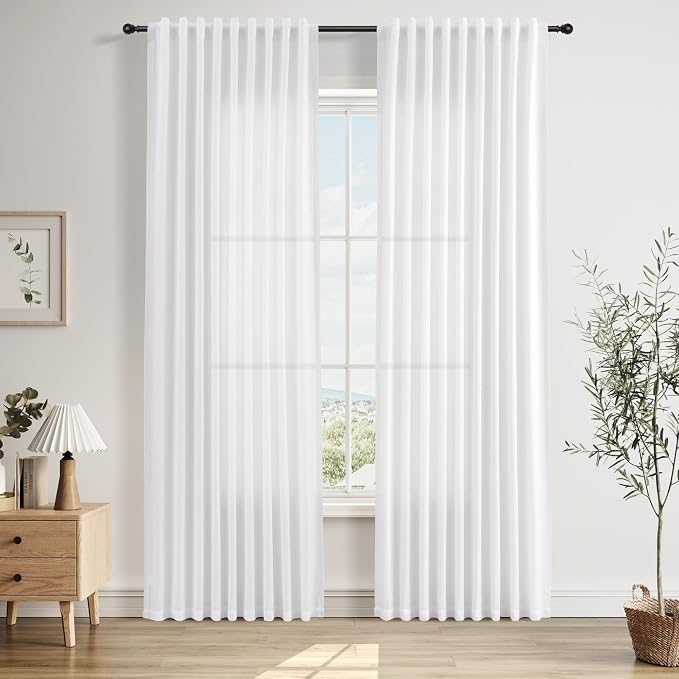 Linen Curtains 84 Inches Long for Living Room Semi Sheer Light Filtering Curtain Back Tab Rod Pocket Neutral Boho Modern Farmhouse Decor Window Drapes for Bedroom 52x84 2 Panels White