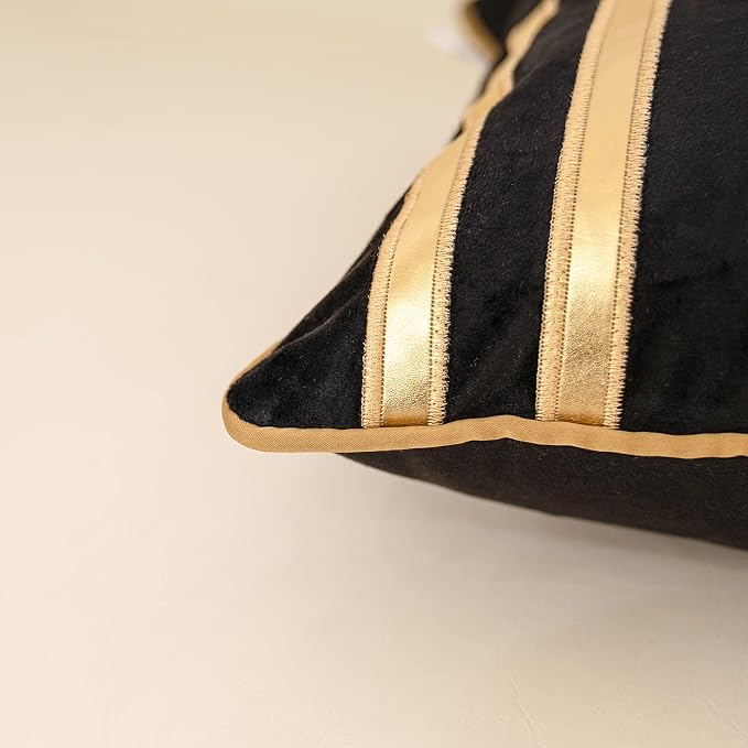 Alerfa Geometric Gold Leather Striped Throw Pillow Cover 12x20 Inch, Luxury Velvet Embroidered Decorative Lumbar Pillow Cover for Couch Living Room Bedroom, Black