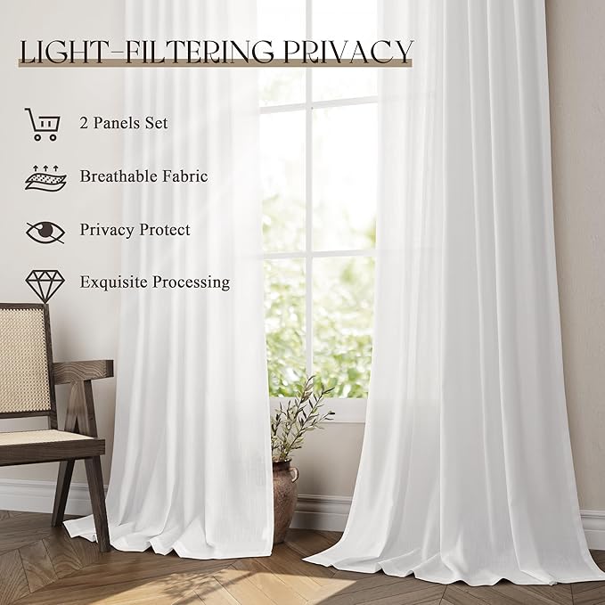 Jowels White Linen Curtains 95 Inch Long 2 Panels for Living Room | Light Filtering Semi Sheer Curtain, Back Tab Pocket Pleated Look, Boho Farmhouse Textured Privacy Drapes for Bedroom Window