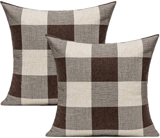 VAKADO 20x20 Inch Set of 2 Brown/Coffee Buffalo Plaids Throw Pillow Covers Retro Classic Check Cotton Linen Square Cushion Cases Farmhouse Home Decor for Couch Sofa Patio Bedroom