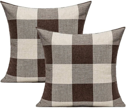 VAKADO Brown Beige Buffalo Plaids Decorative Throw Pillow Covers Farmhouse Retro Checked Square Cushion Cases Classic Coffee Check Home Decor Outdoor for Couch Sofa Patio 16x16 Set of 2