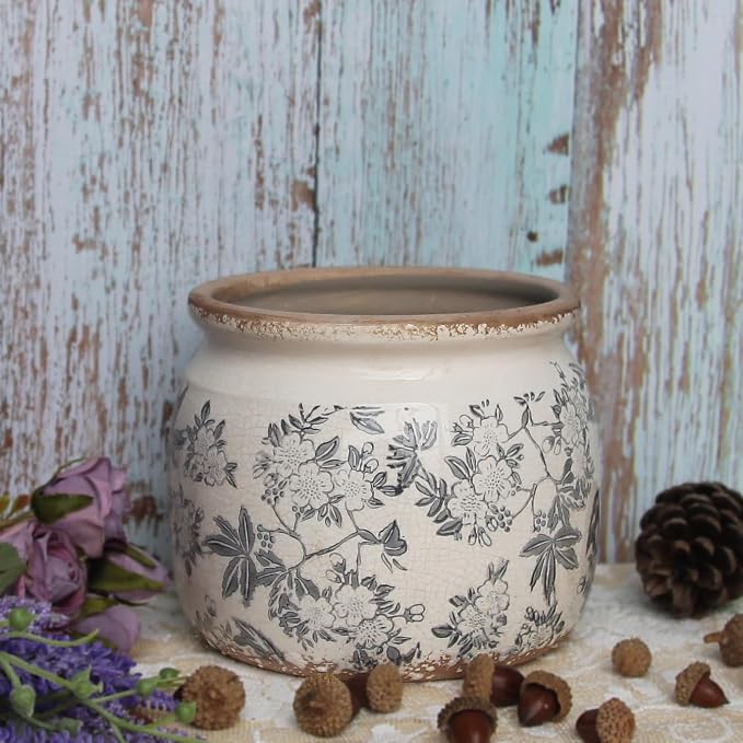 Vintage Ceramic Plant Pots, Old World Flower Pots for Indoor Outdoor Plants | 6.29" Retro Distressed Crackle Glaze Pottery Planter with Drainage, Farmhouse Floral Home Decor, Rustic Grey