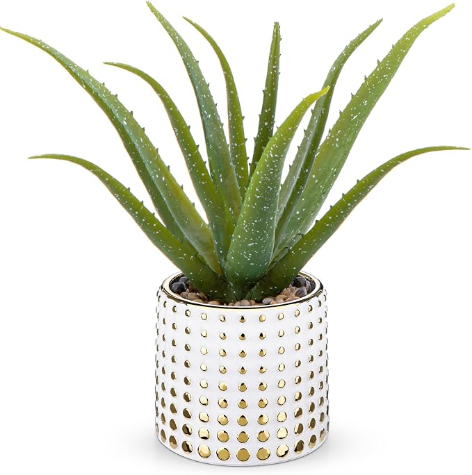 GnFlus Artificial Succulent Aloe Plants 14.2 Inch Large Faux Succulents with Ceramic Pot Fake Aloe Potted Plant for Home Indoor Bathroom Table Bedroom Shelf Office Decor