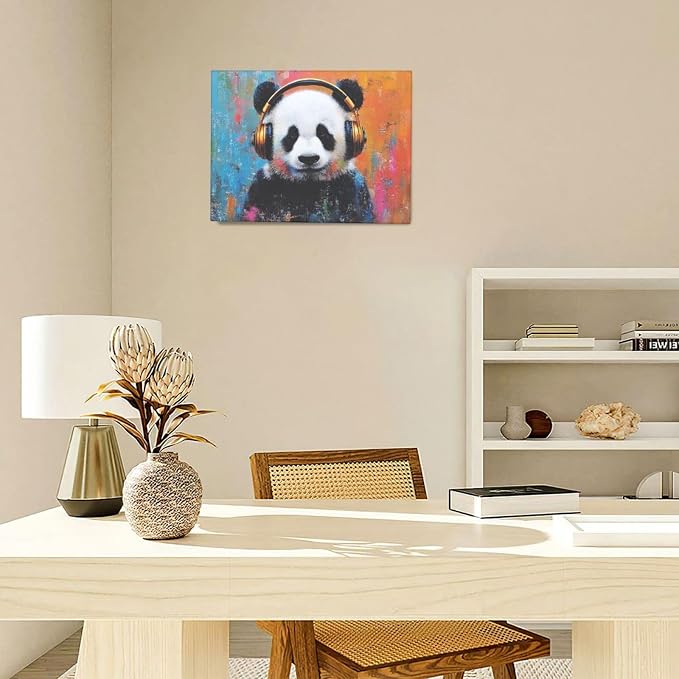 Crekviy Banksy Panda Wall Art Street Graffti Panda Wall Decor Funny Animal Canvas Prints Painting Artwork Decorations for Bathroom Bedroom Living Room Framed Gifts 12"x16"