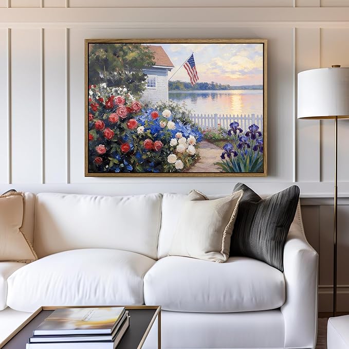 American Flag Framed Canvas Wall Art, 4th of July Patriotic Canvas Prints | Summer Cottage Landscape Poster Print, Vintage Independence Day Wall Decor for Bedroom Living Room 24×36in
