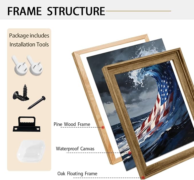 American Flag Framed Canvas Wall Art, 4th of July Patriotic Canvas Prints | USA Flag Ocean Waves Abstract Poster Print, Independence Day Wall Decor for Bedroom Living Room Office 24×32in