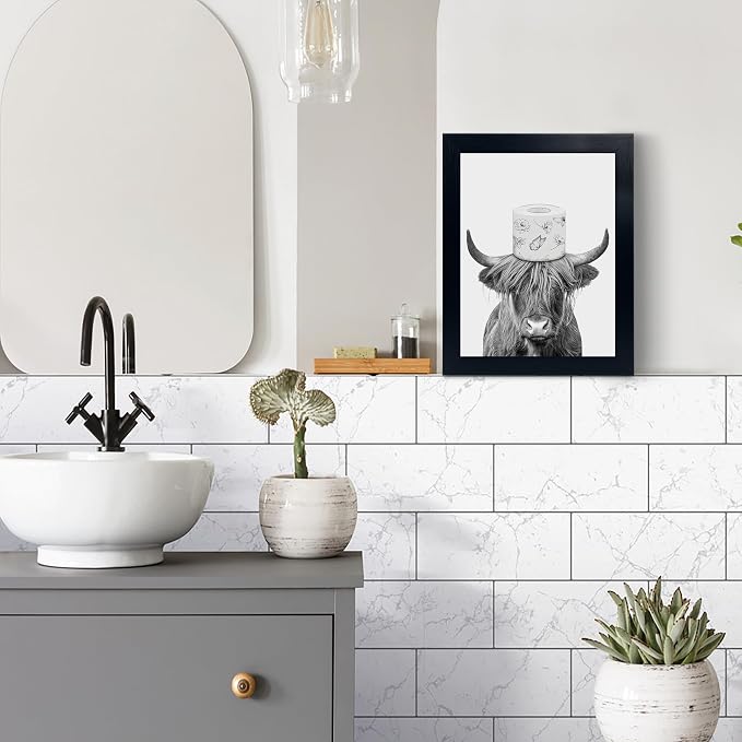 YongArt Black Framed Bathroom Decor - Funny Highland Cow Wall Art in Bathtub, 8x10''