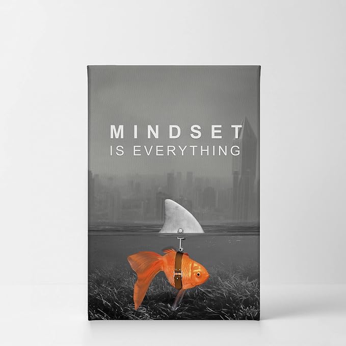 Smile Art Design Mindset is Everything Wall Art Canvas Print Black and White Goldfish Shark Entrepreneur Inspirational Motivational Quote Living Room Office Decor Ready to Hang 36x24