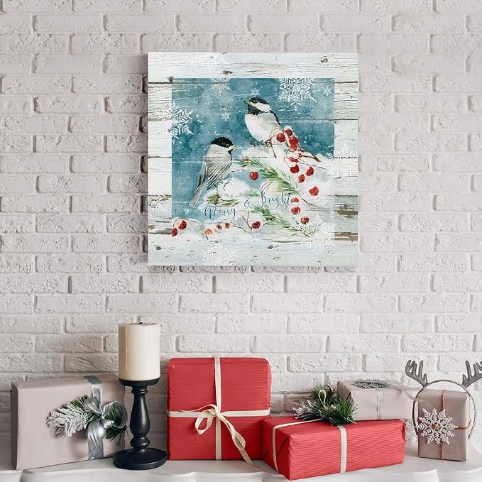 Renditions Gallery Christmas Abstract Wall Art Bright Merry Chickadees on White Snowed Cherry Trees Canvas Hanging Artwork Prints for Bedroom Office Home Kitchen - 10"X10" LT05