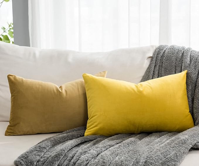 Khaki Decorative Lumbar Velvet Throw Pillow Covers 16x24 inch Set of 2 with Zipper Luxury Soft Solid Rectangle Cushion Covers Case for Sofa Couch Bed Living Room