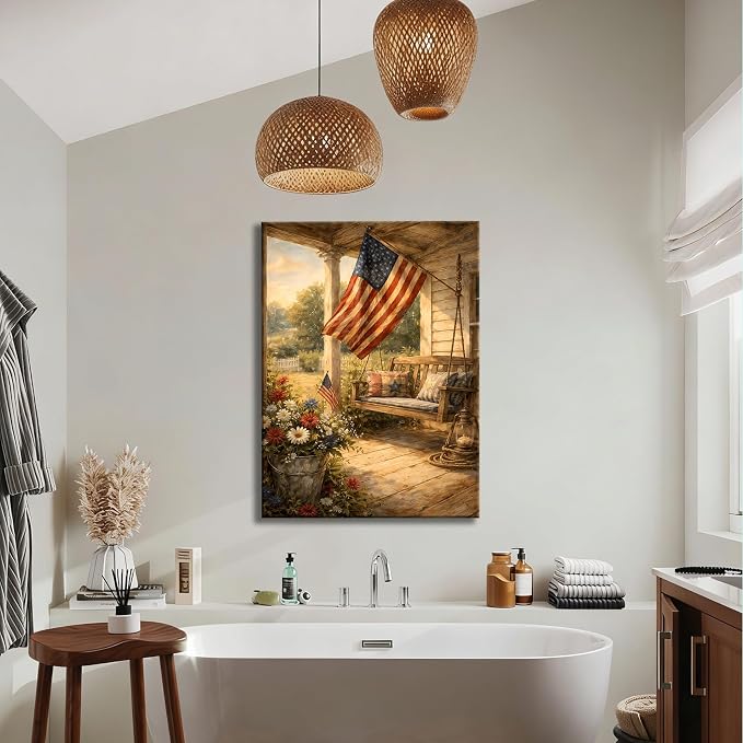 RIBNTAK Americana Canvas Wall Art, Vintage USA Flag Porch Swing Pictures Rustic Patriotic Artwork for Farmhouse Decor, Cozy Independence Day Decorations for Living Room Entryway Bedroom